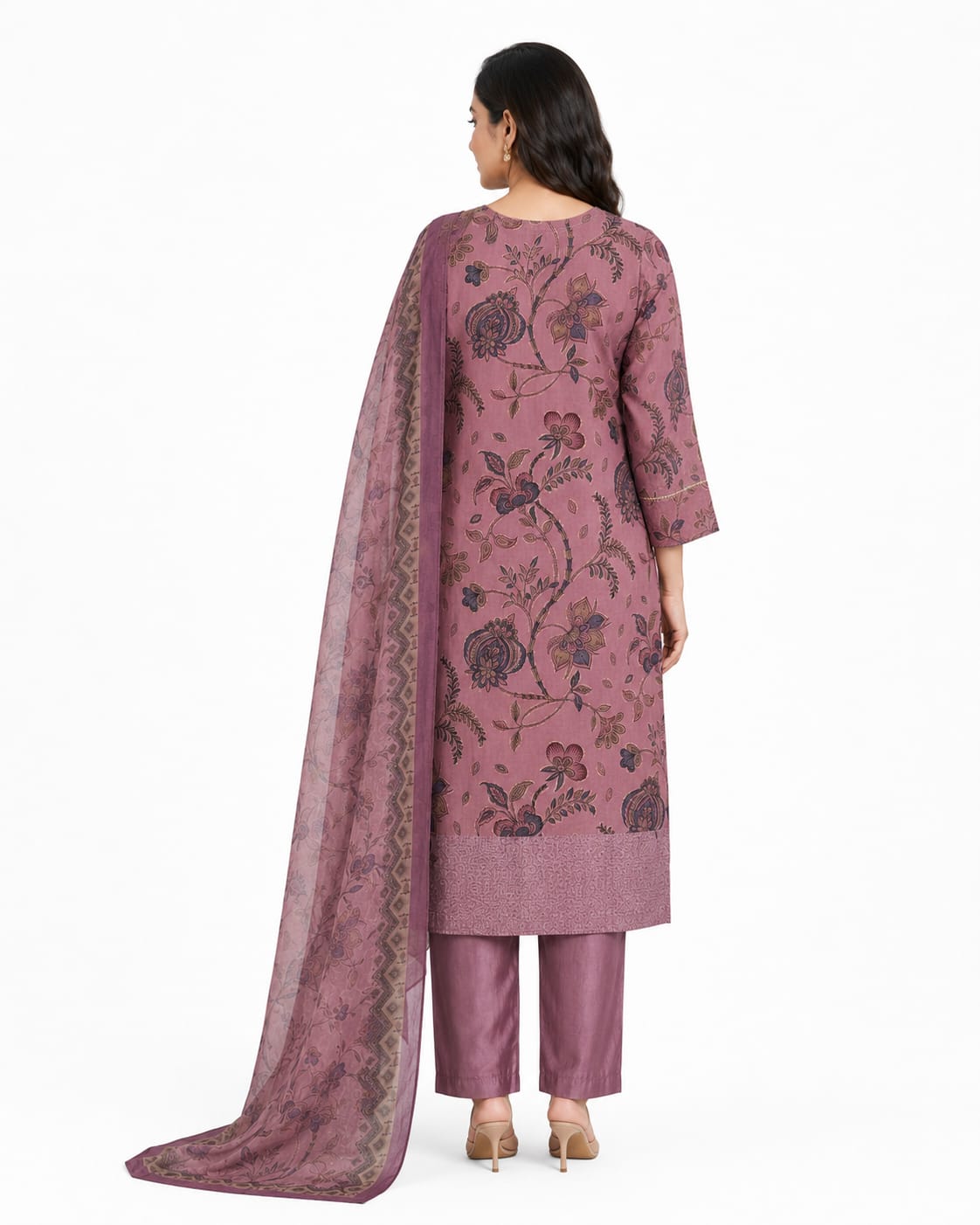 VEMES - Women's Mauve Pink Floral Printed 3-Piece Kurta Set