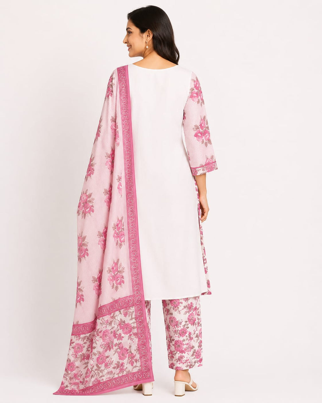 VEMES - Women's Pink & Yellow Floral Printed 3-Piece Kurti Set