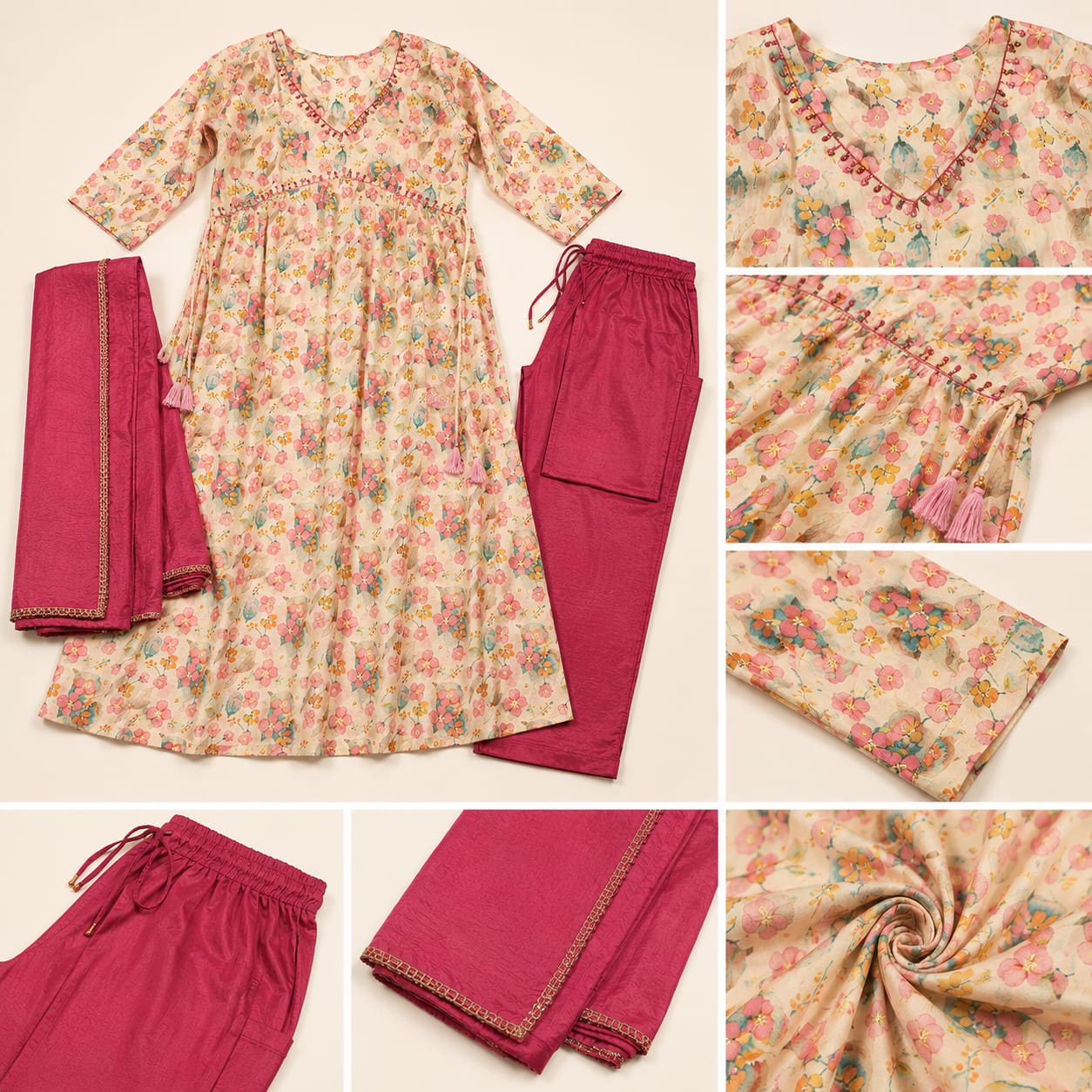Premium Floral Cotton 3-Piece Kurti Set for Women