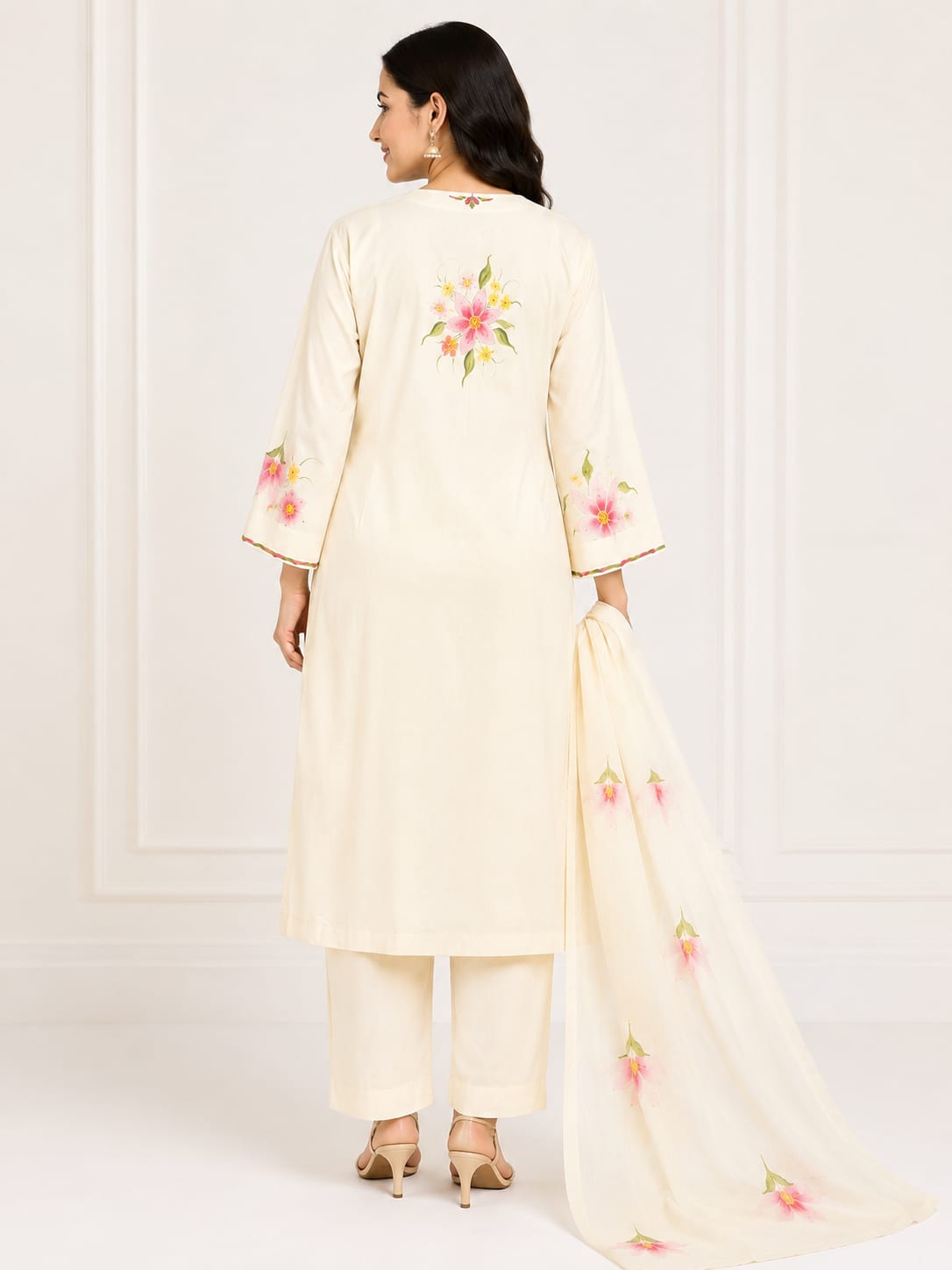 VEMES - Women's White Floral Printed 3-Piece Kurti Set