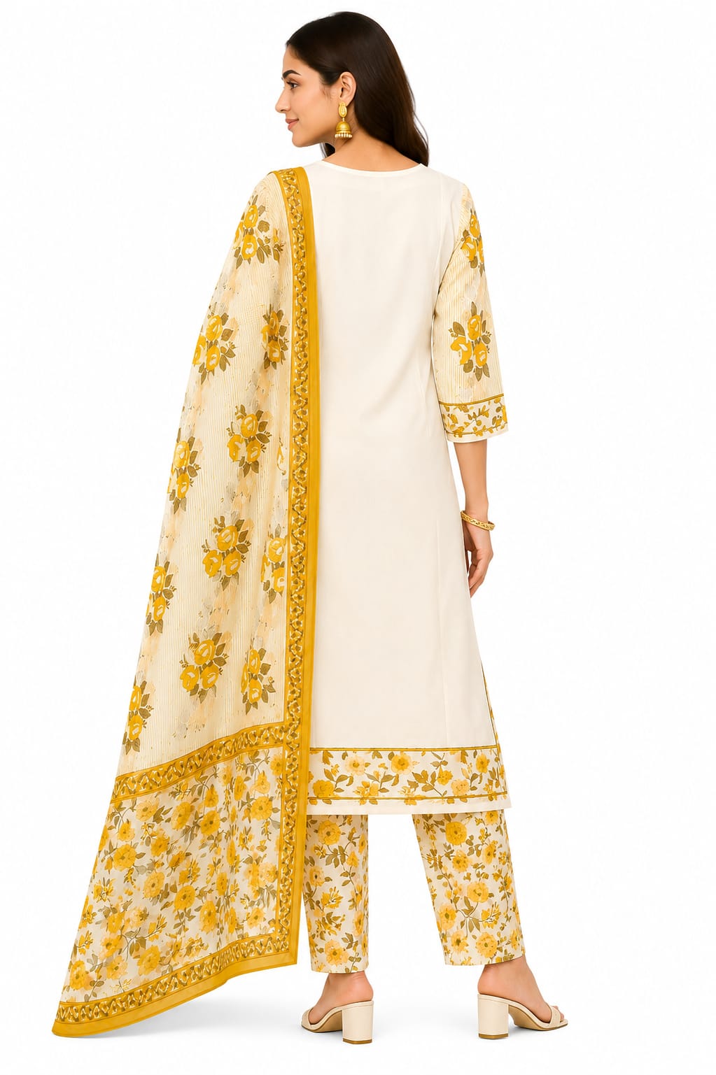 VEMES - Women's Pink & Yellow Floral Printed 3-Piece Kurti Set