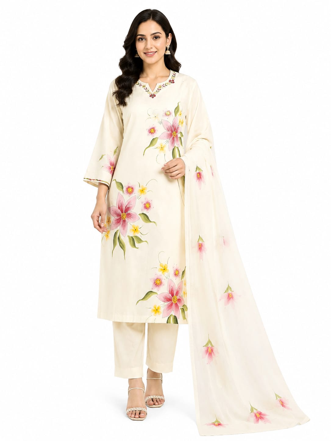 VEMES - Women's White Floral Printed 3-Piece Kurti Set
