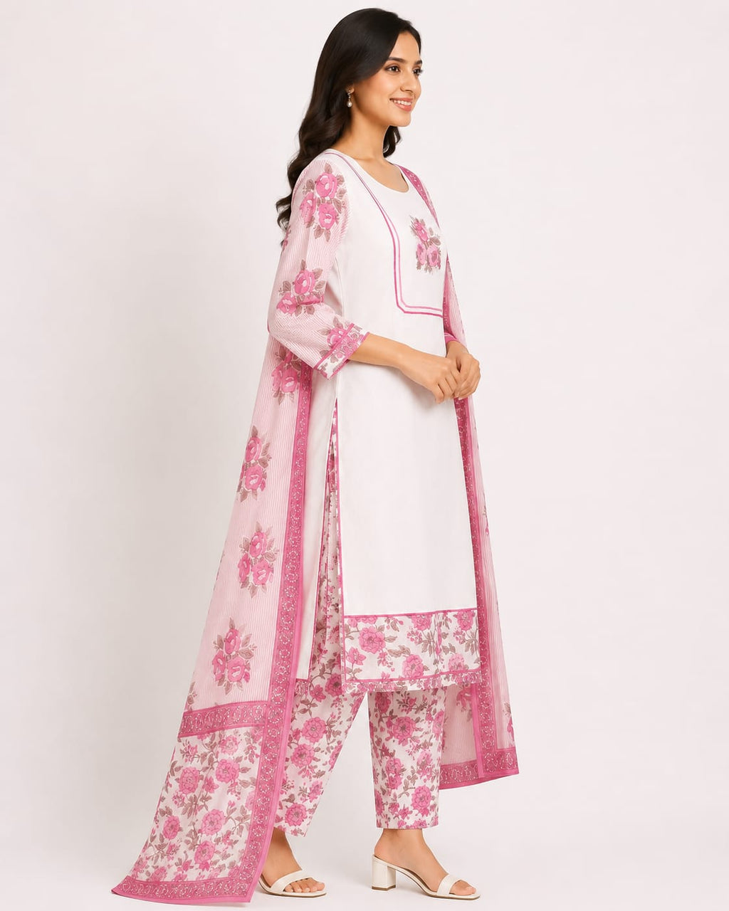 VEMES - Women's Pink & Yellow Floral Printed 3-Piece Kurti Set