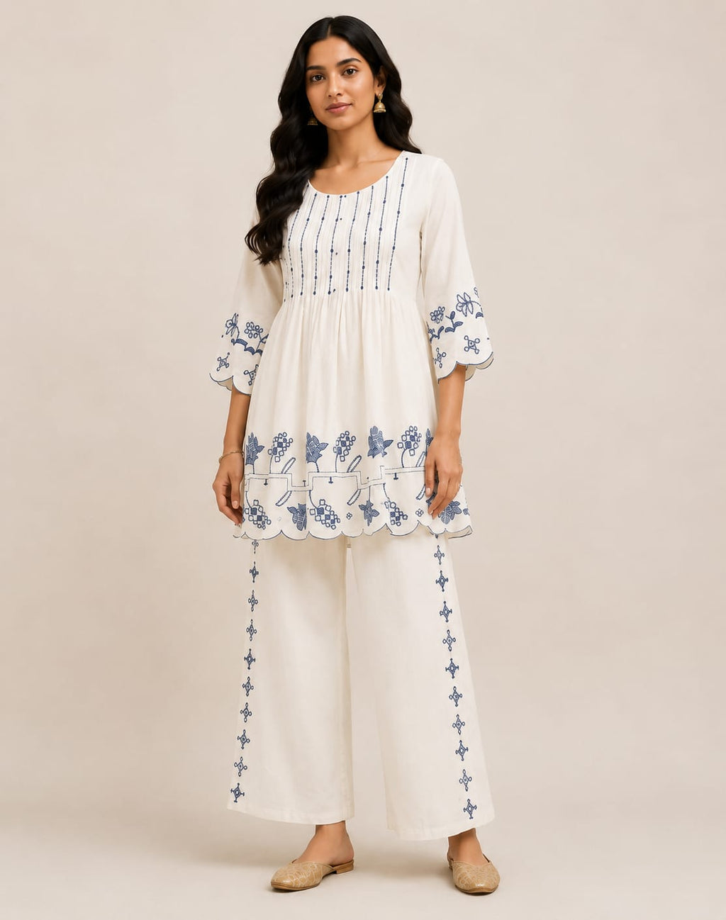 VEMES - Women's White Floral Printed Cotton Co-Ord Set