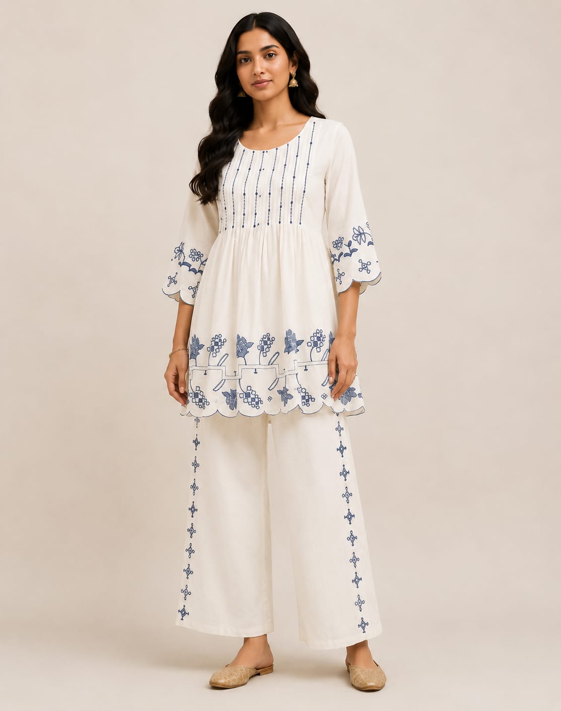 VEMES - Women's White Floral Printed Cotton Co-Ord Set