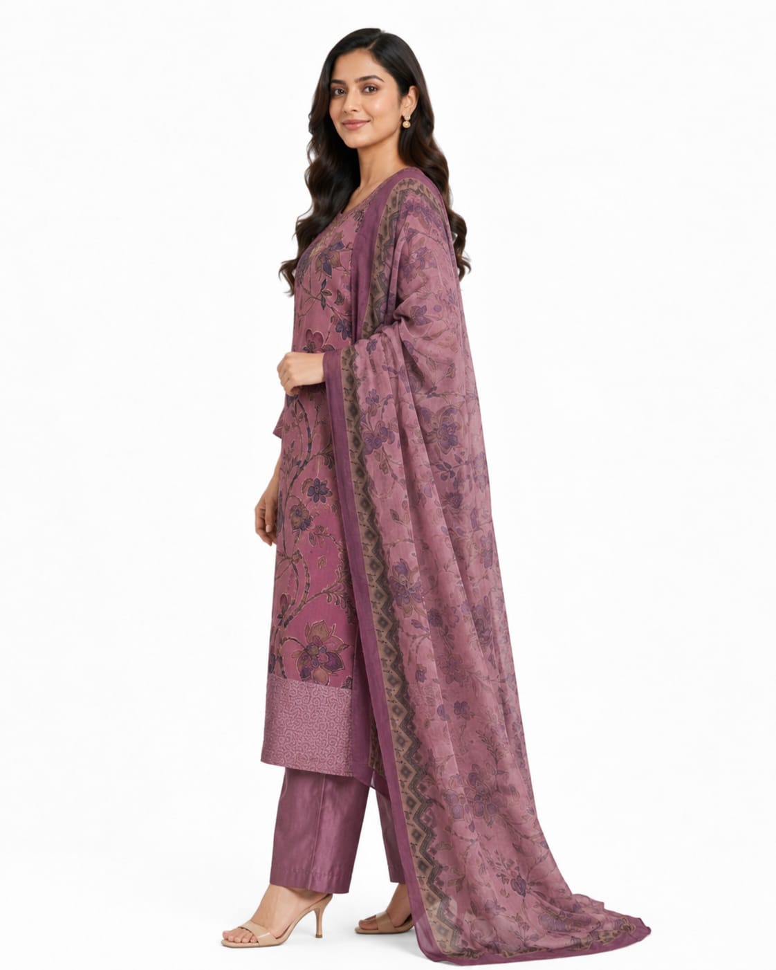 VEMES - Women's Mauve Pink Floral Printed 3-Piece Kurta Set