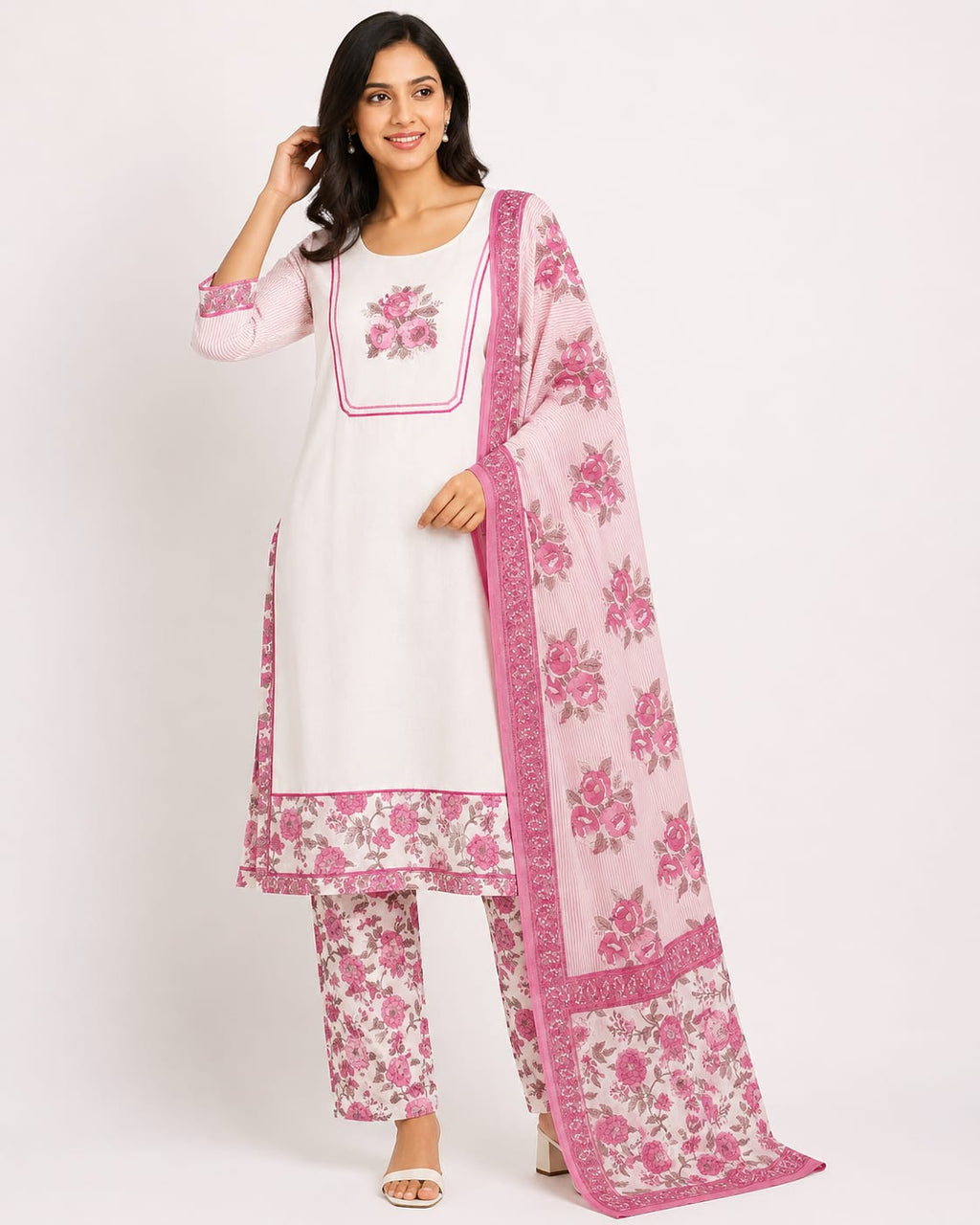 VEMES - Women's Pink & Yellow Floral Printed 3-Piece Kurti Set