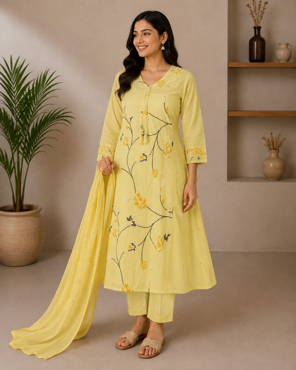 Premium Yellow Floral Cotton 3-Piece Kurti Set for Women