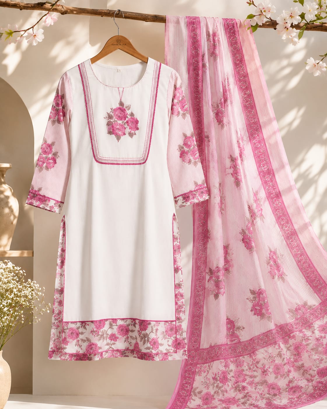 VEMES - Women's Pink & Yellow Floral Printed 3-Piece Kurti Set