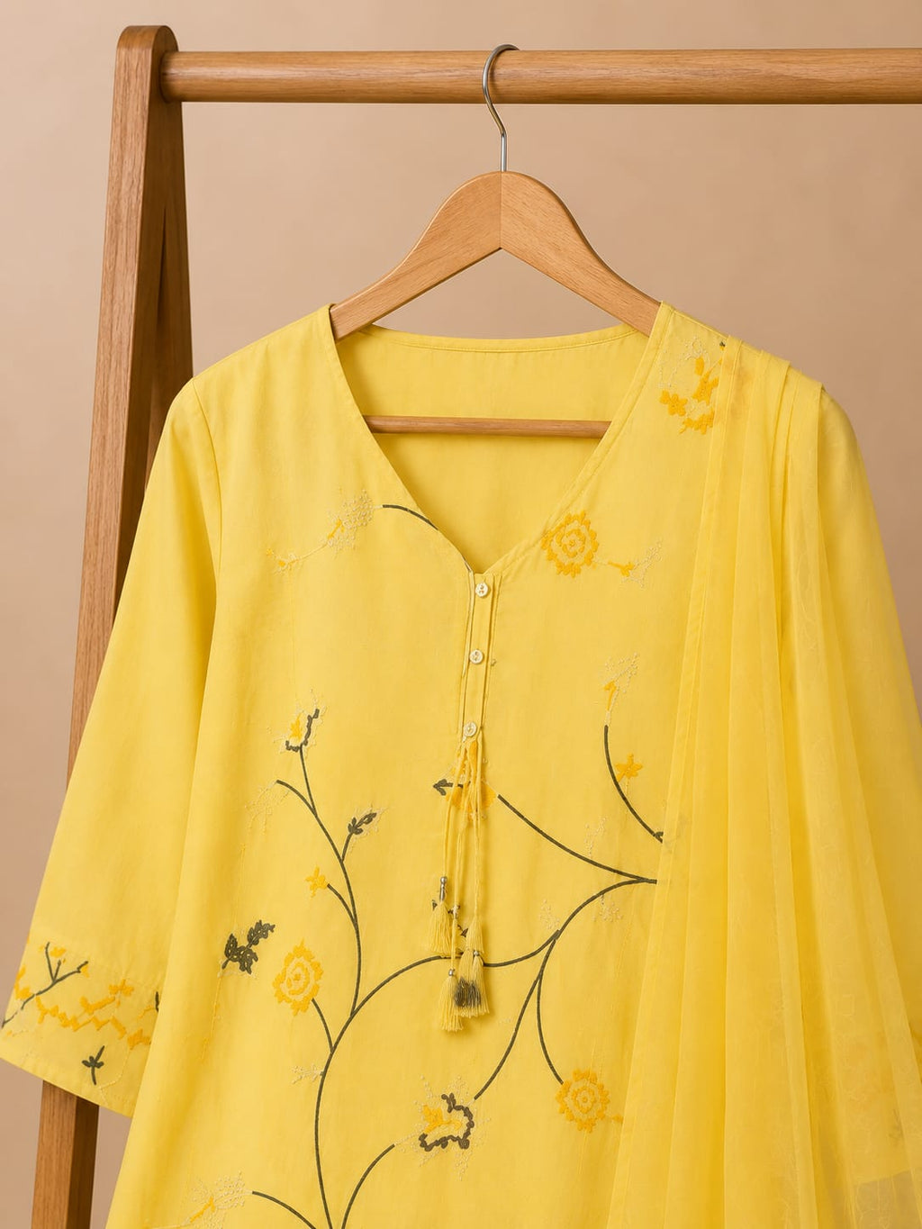 Premium Yellow Floral Cotton 3-Piece Kurti Set for Women