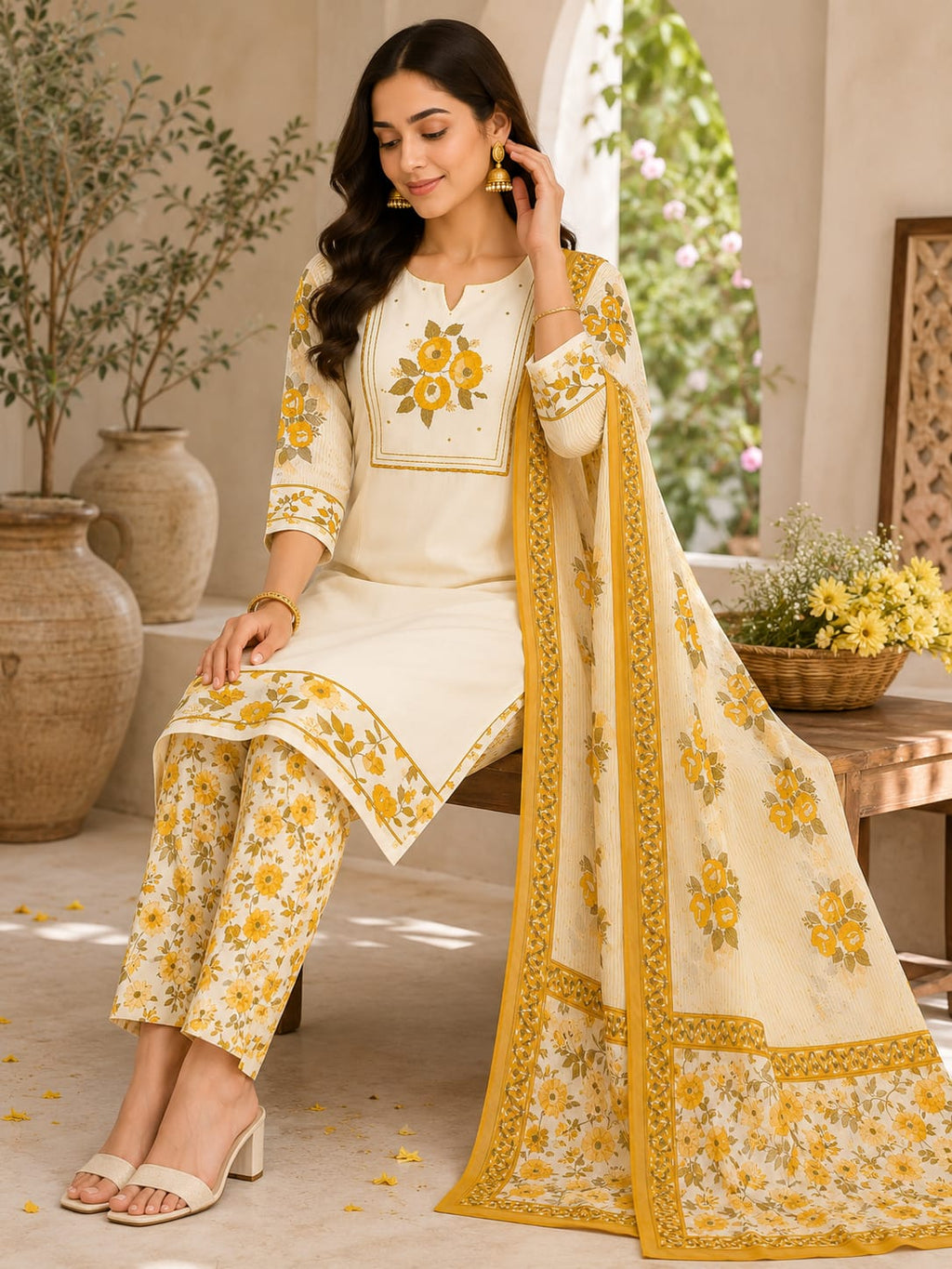 VEMES - Women's Pink & Yellow Floral Printed 3-Piece Kurti Set