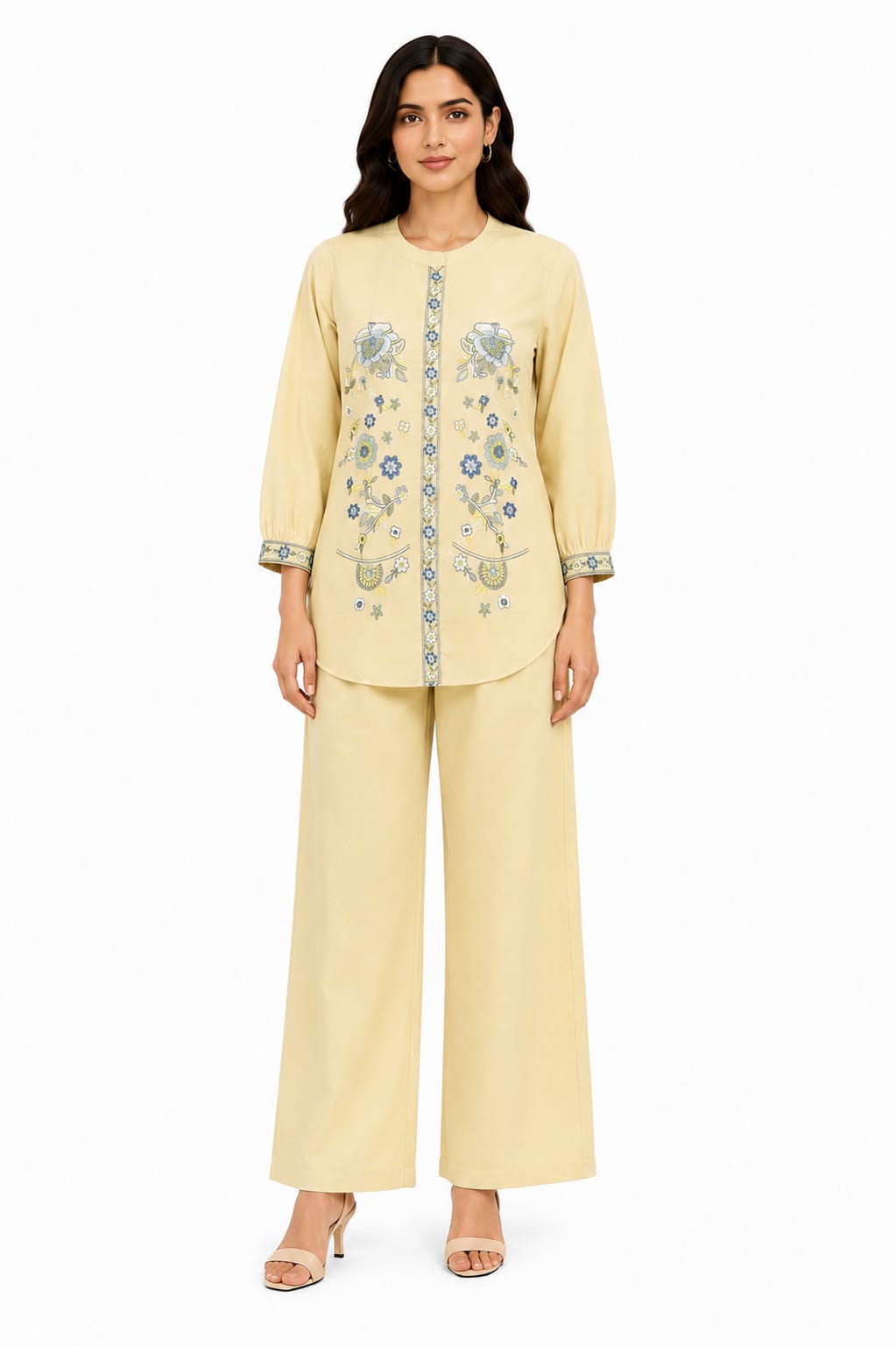 VEMES Women's Mustard Floral Embroidered Co-Ord Set