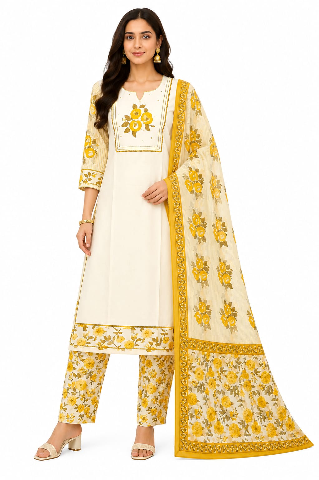 VEMES - Women's Pink & Yellow Floral Printed 3-Piece Kurti Set