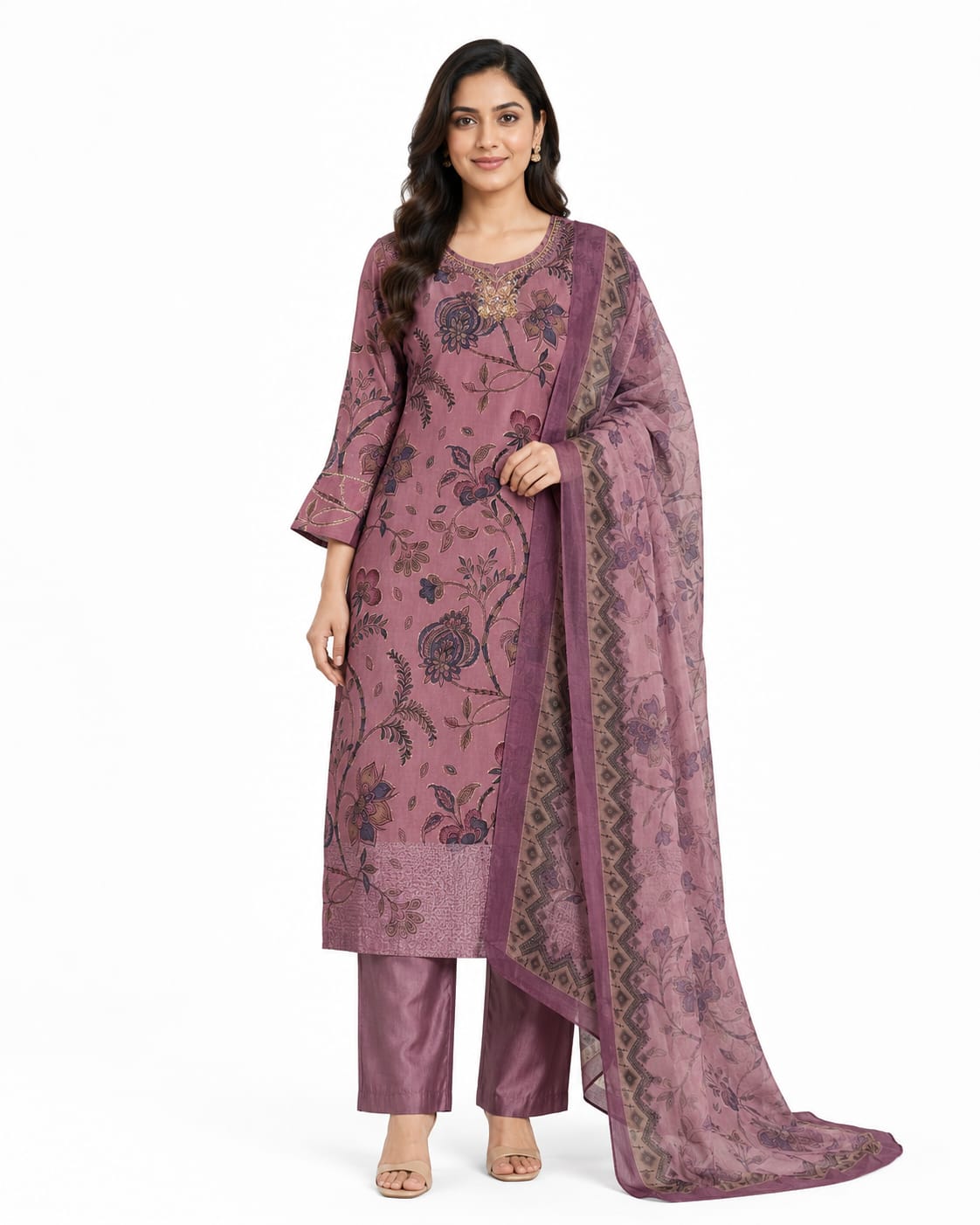 VEMES - Women's Mauve Pink Floral Printed 3-Piece Kurta Set