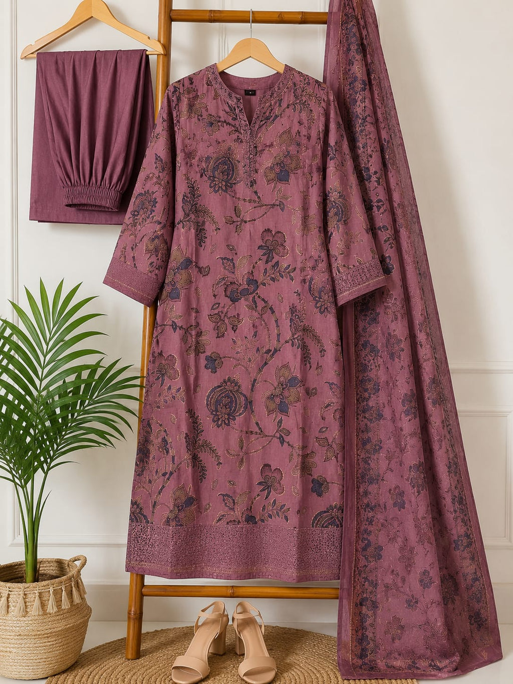 VEMES - Women's Mauve Pink Floral Printed 3-Piece Kurta Set