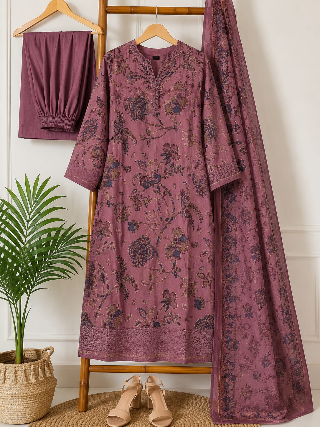 VEMES - Women's Mauve Pink Floral Printed 3-Piece Kurta Set