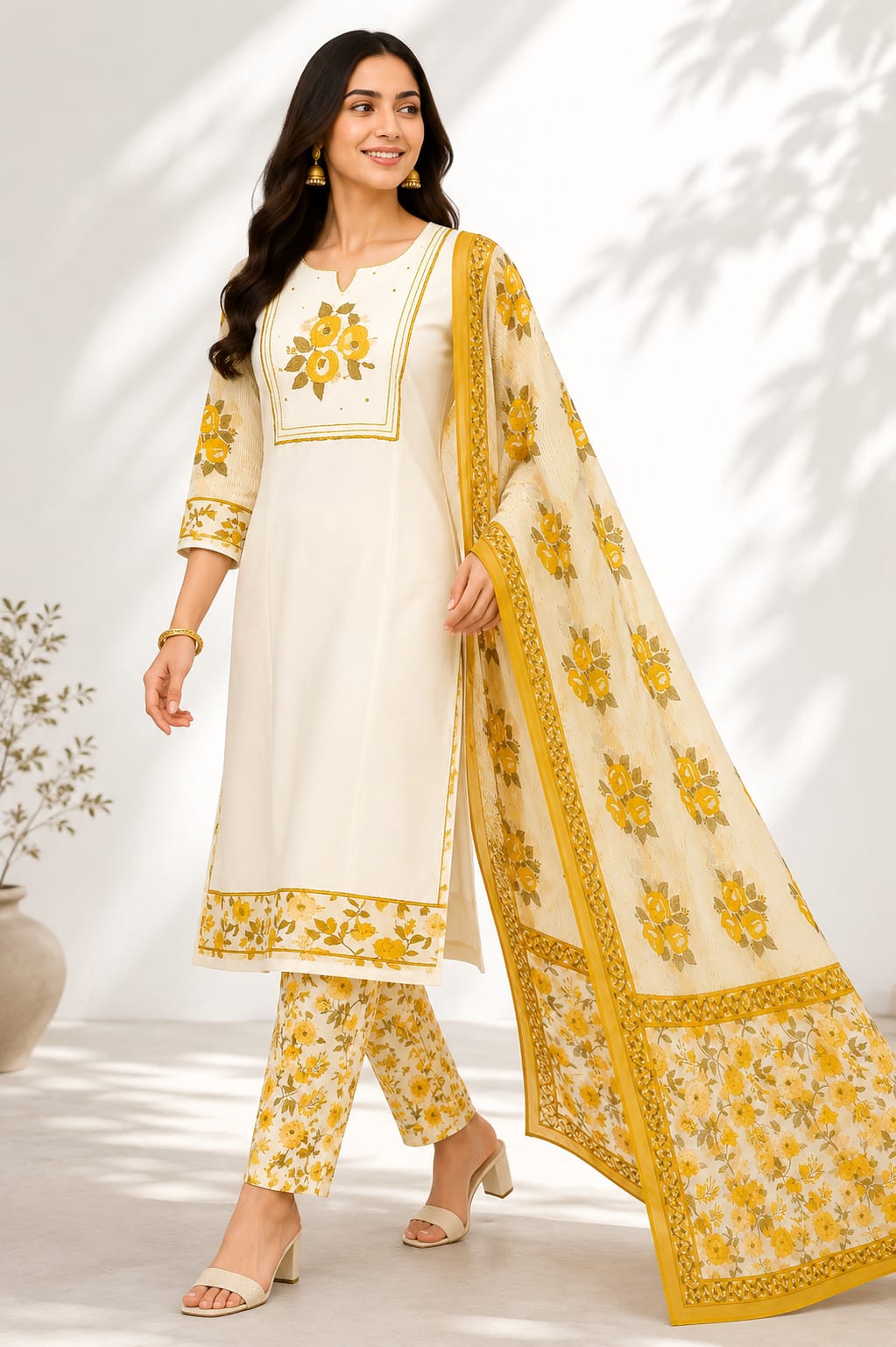 VEMES - Women's Pink & Yellow Floral Printed 3-Piece Kurti Set