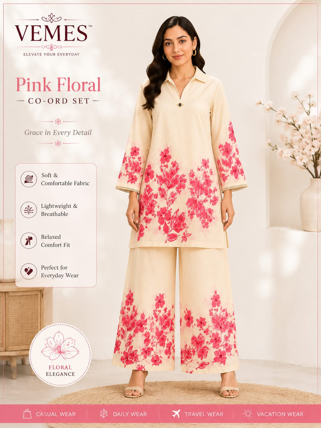 Premium Floral Cotton Cord Set for Women