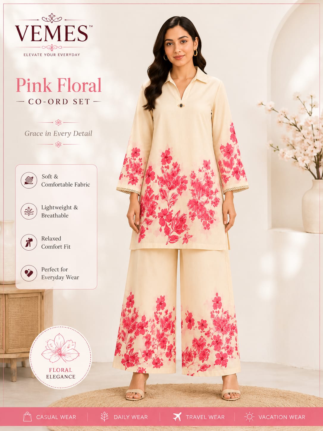 Premium Floral Cotton Cord Set for Women