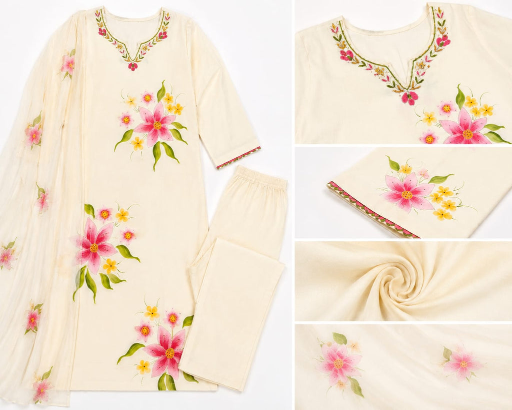 VEMES - Women's White Floral Printed 3-Piece Kurti Set