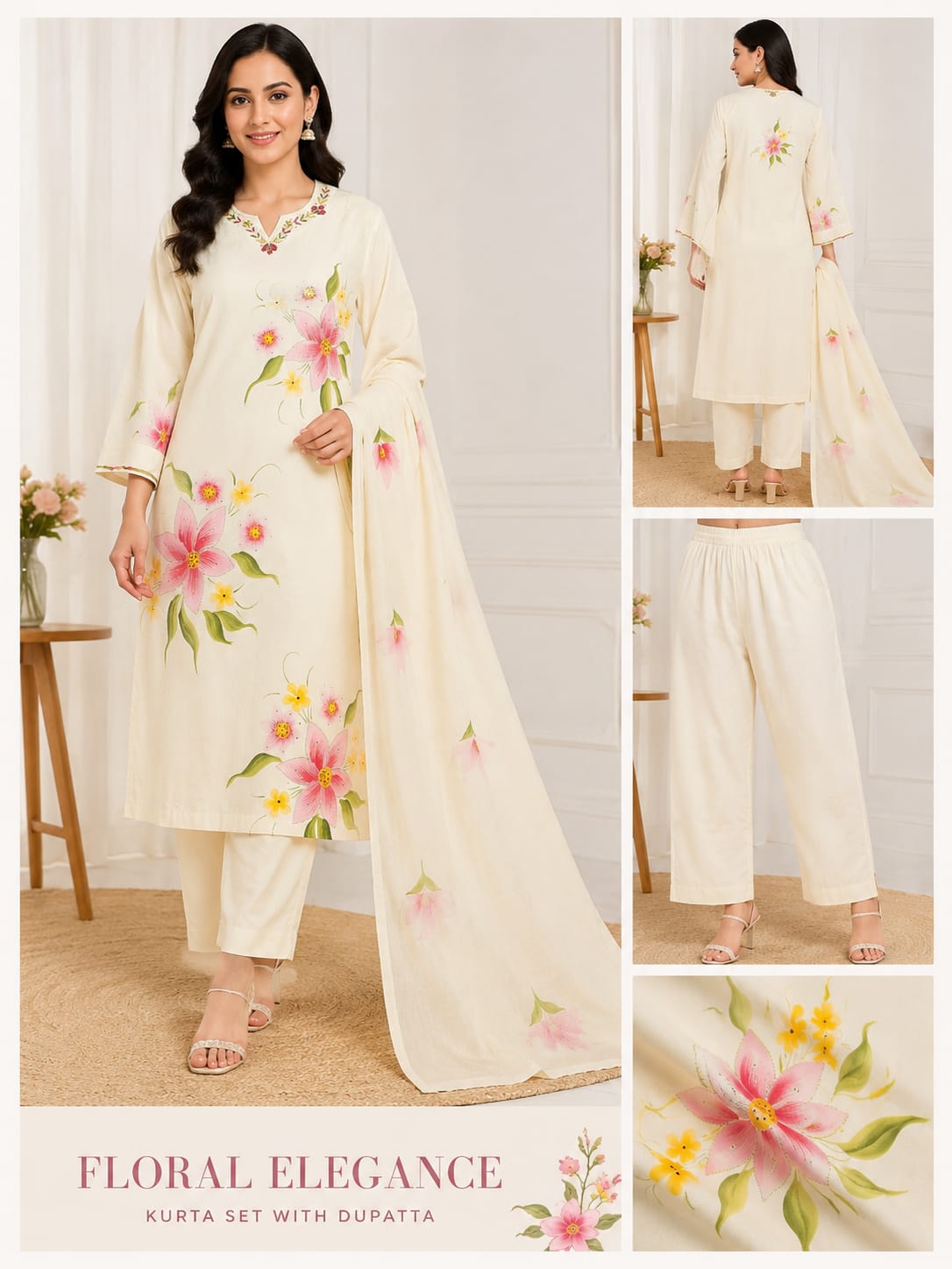 VEMES - Women's White Floral Printed 3-Piece Kurti Set