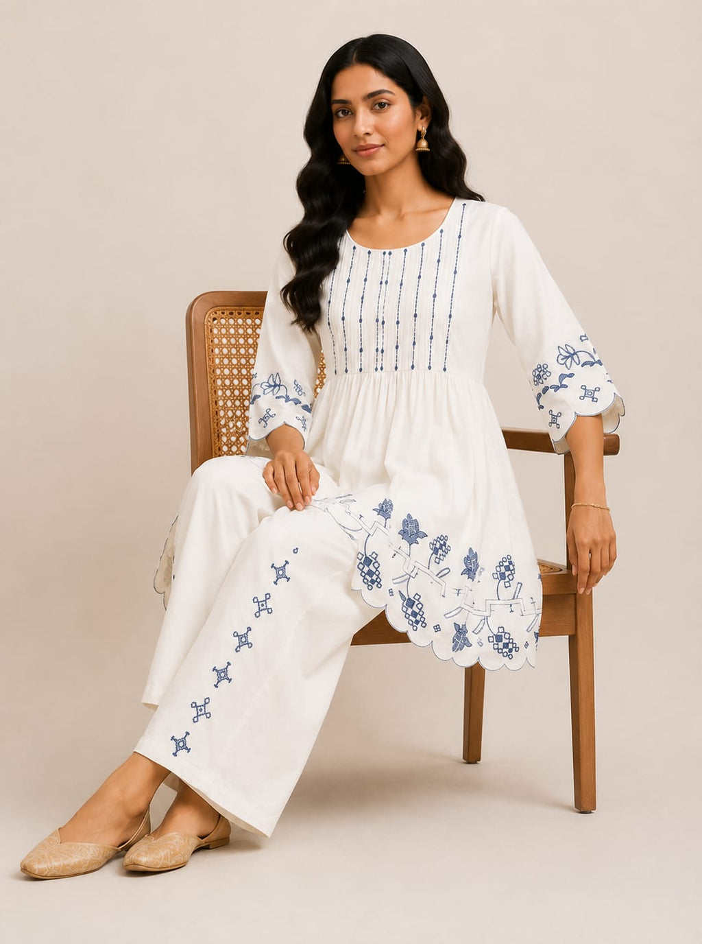 VEMES - Women's White Floral Printed Cotton Co-Ord Set