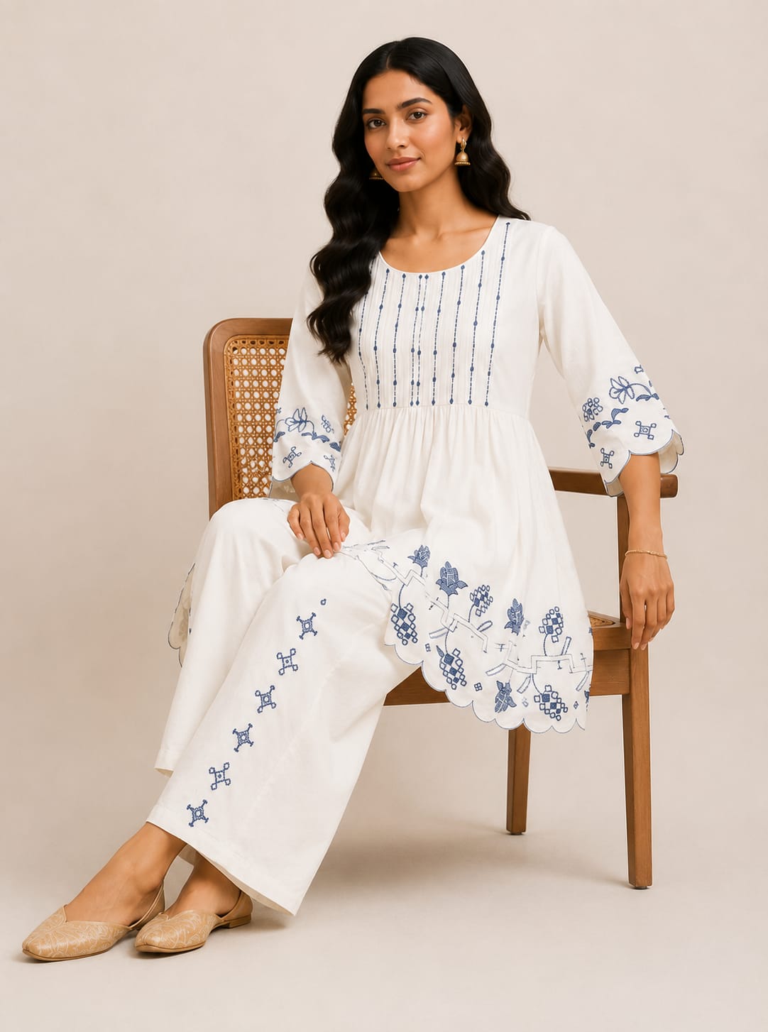VEMES - Women's White Floral Printed Cotton Co-Ord Set