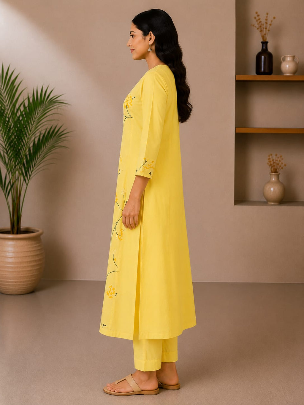 Premium Yellow Floral Cotton 3-Piece Kurti Set for Women
