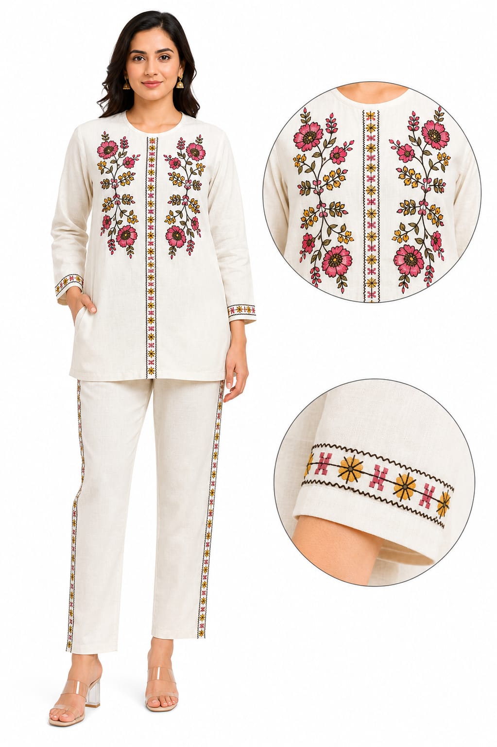 VEMES Women's Ivory Floral Embroidered Co-Ord Set