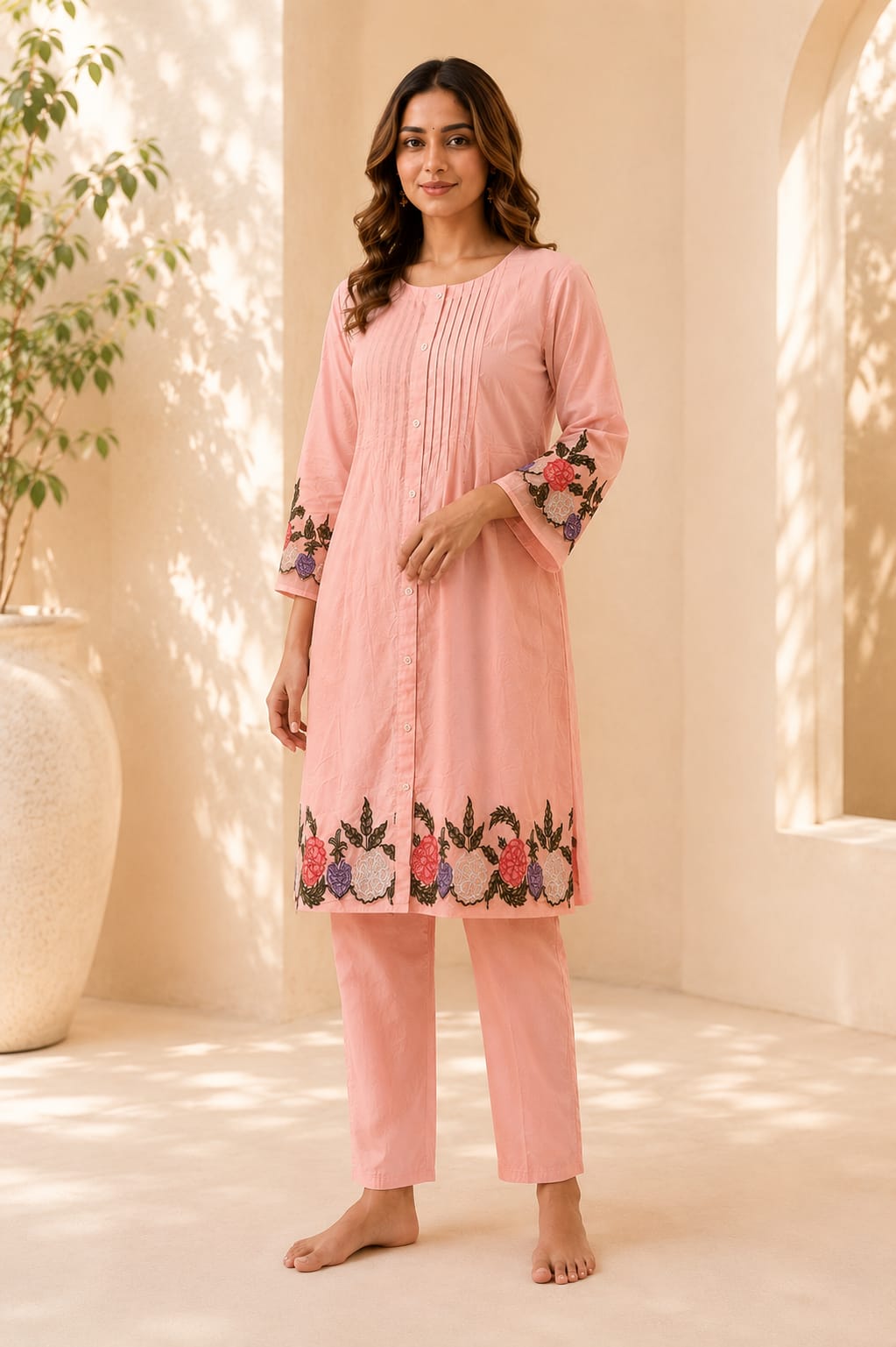 Blush Petals Embroidered Kurta Set