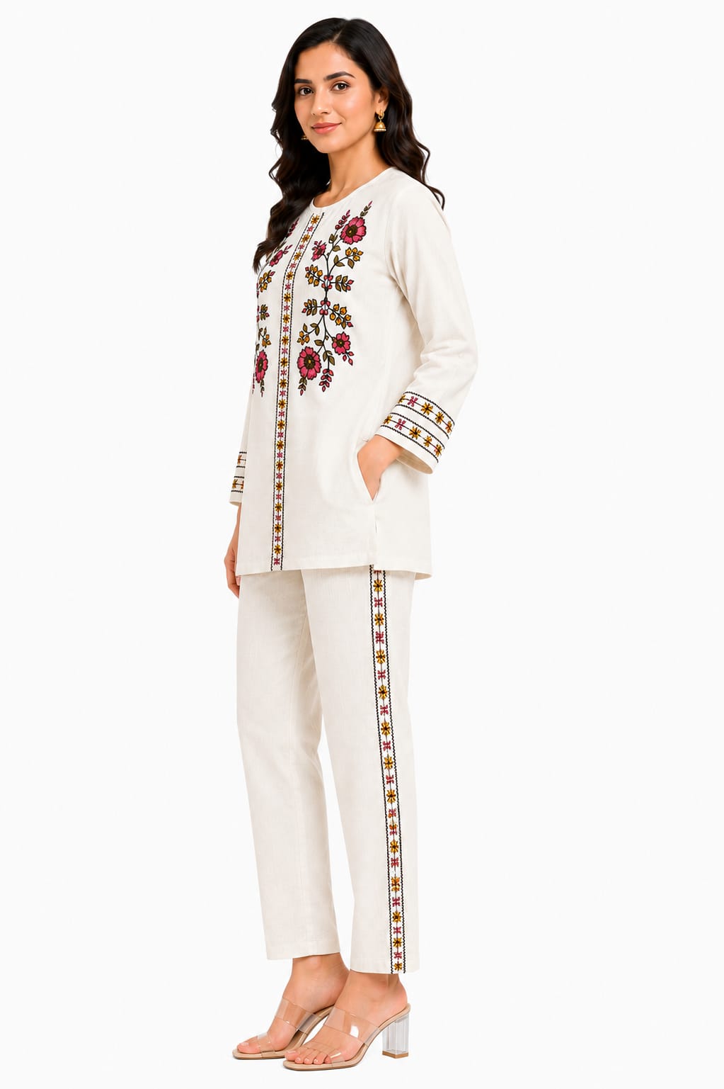 VEMES Women's Ivory Floral Embroidered Co-Ord Set