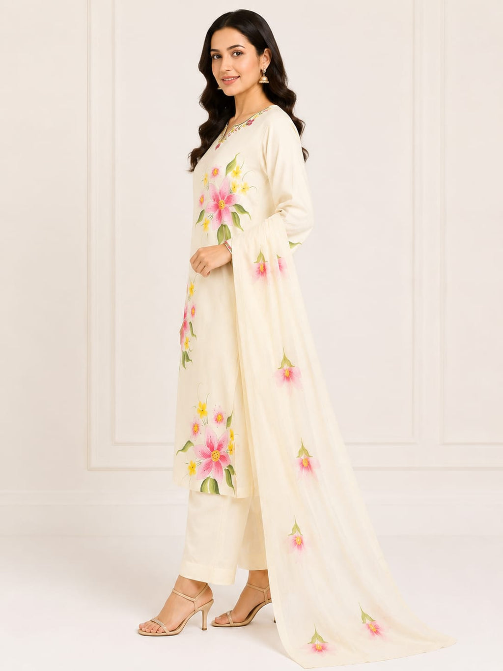 VEMES - Women's White Floral Printed 3-Piece Kurti Set