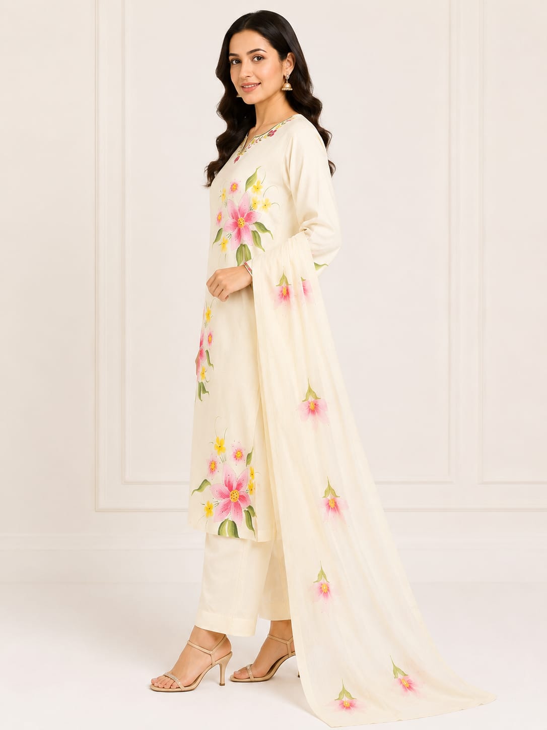 VEMES - Women's White Floral Printed 3-Piece Kurti Set
