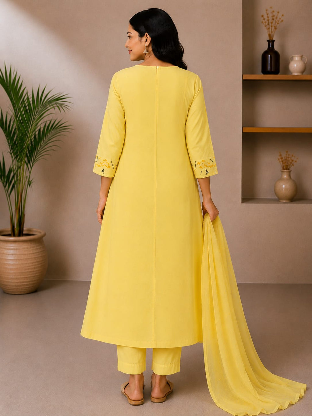 Premium Yellow Floral Cotton 3-Piece Kurti Set for Women