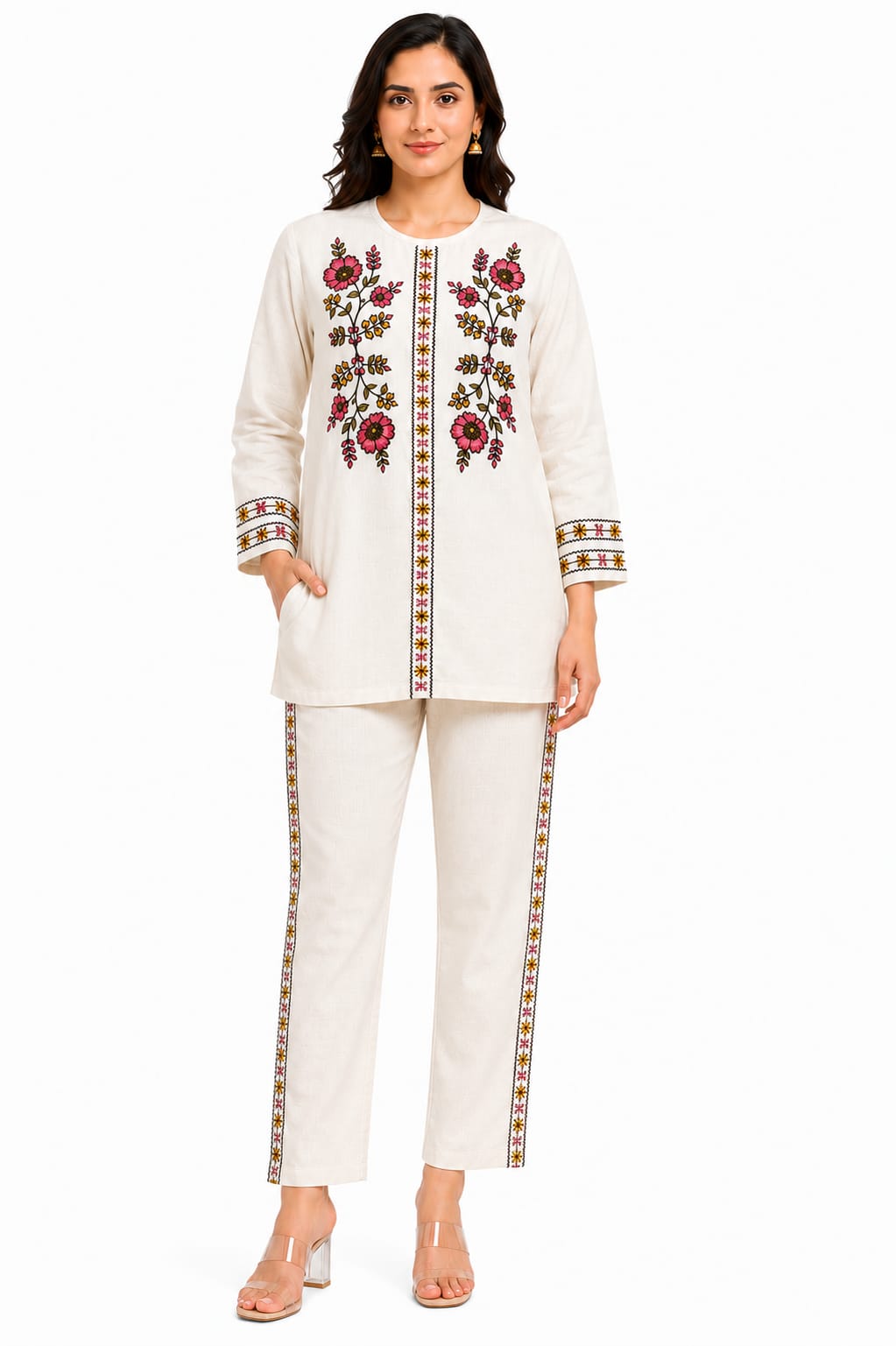VEMES Women's Ivory Floral Embroidered Co-Ord Set
